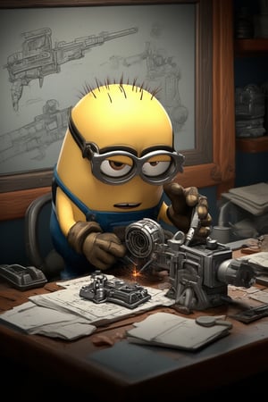 Masterpiece, professional, award-winning, intricate details, ultra high detailed, 64k, dramatic light, volumetric light, 3d, detailed, A photorealistic image of a Minion from Despicable Me, dressed as a mechanic is working hard at a lab table full of scientific tools and accessories. The whiteboard behind has weapon design sketches. Minion is highly focused, hands move quickly, weld and assemble components to build a large weapon, complicated.