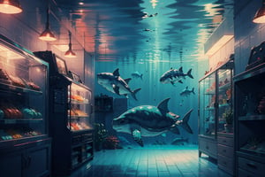 (((masterpiece))),(((best quality))),((ultra-detailed)),((underwater)),(illustration),(beautiful detailed water),((coral)),(underwater world), picture of an underwater scene with a sci-fi 50s style metal house in oval form, underwater town, underwater car, 50s style old chevy, underwater shop, underwater people in diving suits, the underwater environment, the 50s style shopping mall, (submarine and a sharks swims from afar), ((sea turtles)), ((jellyfish)), ((fish)), many colorful sea fish, works of masters, super high resolution, depth of field, telephoto lens, abstract background, sea, liquid background, colorful bubbles, fantasy, Cinematic Lighting, Ambiance Lighting, Natural Light, Extremely Detailed CG Unity 8k Wallpaper, Oil Painting, Award Winning Photography, (Vision), Depth of Field, OC, Glow, Chromatic Aberration, annimation style, Very detailed