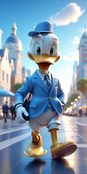 Donald Duck wearing blue suite, walking in city, white gloves cheerful, 3d, C4D, mixer, Octane rendering, (city background:1.5), Masterpieces in pastel colors, Soft material, Best Quality, super detaill, High Quality, 4k, (3d, cute, chibi style), ((perfect high detailed image)),