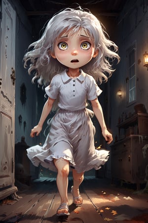 ((Best Quality, 8K, Masterpiece: 1.4)),Anime, white hair, long hair, gray silver white eyes, barefoot, white shirt, plain Gown, in a Haunted house horror, loli, kid, child, petite body, horror cinematic, scared, goriest monster behind, running away from the creepy monster behind her, 2D Animated CG Horror Movie style,chibi emote style