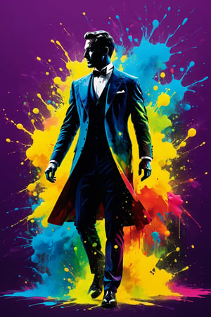 high quality, 8K Ultra HD, Silhouette of a posed gentleman, dynamic pose, profile,Ink splash,Bold colors,dynamically,colorful,An abstract painting that looks like a person if you look closely,works of art,mysterious,design the colors bright,acidzlime