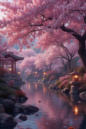 Masterpiece, professional, award-winning, intricate details, ultra high detailed, 64k, dramatic light, volumetric light, A picturesque, clipart-like Japanese cherry blossom garden, with delicate pink blossoms adorning the trees, a tranquil pond with koi fish, and traditional stone lanterns illuminating the path:2, spring serenity, cherry blossom magic, Zen tranquility, Japanese elegance, floral beauty.,ek_art_b00ster,anime,illustrated,FluxBoost