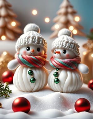 a detailed view photo of Little snowmen knitted on soft snow on the background of Christmas decorations,w00len,Leonardo style 