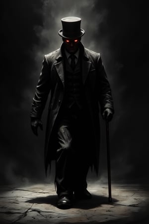 Masterpiece, professional, award-winning, intricate details, ultra high detailed, 64k, dramatic light, volumetric light, In the midst of darkness, a tall, slender figure emerges, dressed in an old, tattered suit. A slightly tilted top hat rests on the head. The face is nearly invisible except for two glowing red eyes that burn in the darkness. The figure holds a cane, tapping it gently on the ground with each step, the sound echoing hauntingly in the silence,ek_art_b00ster,anime,Hand,illustrated