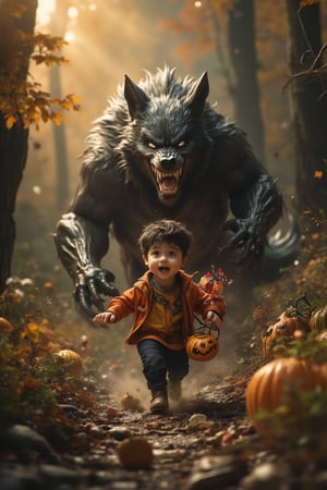 Masterpiece, professional, award-winning, intricate details, ultra high detailed, 64k, dramatic light, volumetric light, create an full body image of an adorable little Fat Venom boy running scared down a forest path holding halloween candy basket. A dangerous looking wolf is running behind him, whose mouth is open and its teeth are visible. It looks like it is chasing Fat Venom's child. vector art style. Showcasing incredible texture and detail. Rendered in high-quality, super-detailed textures. Meticulously illustrated. Adds cuddly atmosphere in the image, 8k,Venom,myvectorillustrations