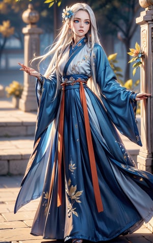 Highly qualified 8K style, HD, vibrant colors, 1girl, masterpiece, sharp focus, best quality, depth of field, cinematic lighting, {fantasy theme, Chinese style},1girl, long hair, white hair, blue eyes, masterpiece, best quality,chinese clothes, hanfu, long sleeves, blue dress, hair flower, blue flower,
