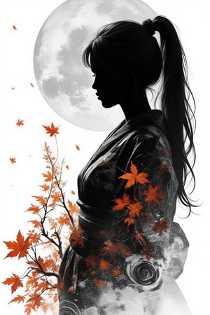 (silhouette:1.25), silhouette art, shadow of figure, Autumn leaves pattern on woman silhouette isolated on white background, (Female silhouette: Kimono: Hakama: Long ponytail: Dynamic pose), Draw the autumn leaves pattern only on the woman's silhouette.,BREAK,Autumn leaves pattern: black and grey gradation: Overlapping translucent autumn leaves: Overlapping layers: black colors: BREAK,vector art,Draw a background painting using the moon and autumn leaves in blak colors, shadow of woman, (masterpiece:1.3),(highest quality:1.4),(ultra detailed:1.5),High resolution,extremely detailed,unity 8k wallpaper,.ek_art_b00ster,anime,illustrated,FluxBoost