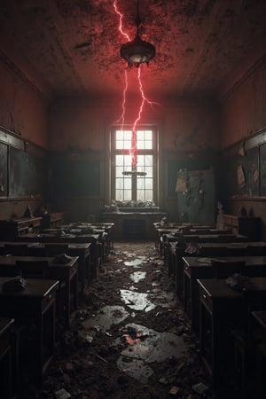 Masterpiece, professional, award-winning, intricate details, ultra high detailed, 64k, dramatic light, volumetric light, create an image of  desolate post-apocalyptic school, abandoned classrooms, shattered windows, forgotten lessons, tombstones standing in the classroom, silent halls:1, torn textbooks, weathered chalkboards, deserted playground, distant school bell. The scene is lit by an ominous red glow emanating from tombstones, casting eerie shadows over the overgrown tombstones and broken graves. Flashes of lightning illuminating the scene briefly. Everything is rendered in ultra-realistic detail, from the textures of the decayed classroom to the gritty dirt and aged tombstones, making it appear lifelike and unsettling. Showcasing incredible texture and detail. Rendered in high-quality, super-detailed textures. Meticulously illustrated. Adds eerie atmosphere in the image, 8k,