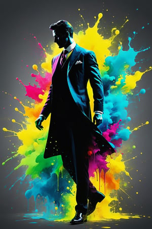 high quality, 8K Ultra HD, Silhouette of a posed gentleman, dynamic pose, profile,Ink splash,Bold colors,dynamically,colorful,An abstract painting that looks like a person if you look closely,works of art,mysterious,design the colors bright,acidzlime