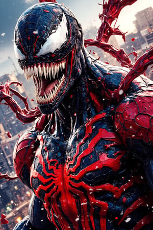 Masterpiece, professional, award-winning, intricate details, ultra high detailed, 64k, dramatic light, volumetric light, create an full body image of spider man in venom costume, swinging from building to building, Unreal Engine 5, amazing, (leather texture:1.1), (Sweaty Body 1.1), (skin shine 1.1), (very detailed face:1.1), highly detailed body, (very detailed clothing), (Realistic Ultra High Definition, ultra high resolution, cinematic lighting, rim lighting, photo by Arny Freytag. Showcasing incredible texture and detail. Rendered in high-quality, super-detailed textures. Meticulously illustrated. Adds ominous atmosphere in the image, 8k,Venom