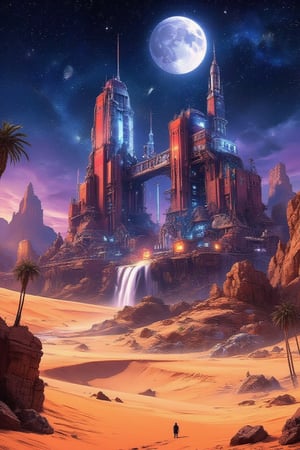 Masterpiece, professional, award-winning, intricate details, ultra high detailed, 64k, dramatic light, volumetric light, A cybernetic oasis in the heart of a vast desert, with holographic full moon on the horizon, holographic palm trees, virtual waterfalls, and AI-guided sand dunes, offering respite to weary travelers:2, nanotech canteens, oasis mirage, virtual shade, solar-powered rejuvenation, techno-oasis mythology, digital trade caravans, holographic hospitality, oasis navigation,8k,ek_art_b00ster,anime,illustrated,