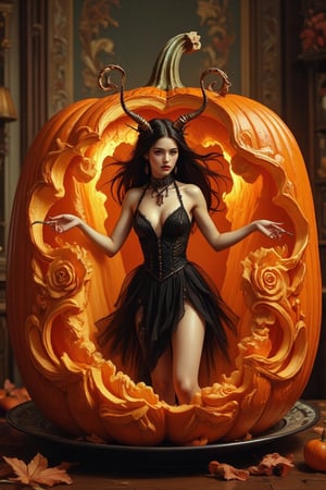 Masterpiece, professional, award-winning, intricate details, ultra high detailed, 64k, dramatic light, volumetric light, create an image of a carving of a female vamphire standing inside a large pumpkin, (miniature full body shot), Beautiful long-haired vamphire woman with a tight black dress, succubus, demonic clothing, portrait of a goth, demon in the room, room, beautiful woman, demoncore clothes, fashionable dark demon, gothic clothing, wearing gothic accessories, wearing a gothic dress, demon, succubus, 16k, Orange,detailed background, on the plate on the dining table, Fruit carving, food engraving, three-dimensional engraving, food sculpture design, close_up, rotated, rococo style, Classicism, depth of field, UHD, masterpiece, acurate, super detail, high details, high quality, best quality, highres, 16k, soft lighting, photorealistic, realistic shadows. Showcasing incredible texture and detail. Rendered in high-quality, super-detailed textures. Meticulously illustrated. Adds creepy atmosphere in the image, 8k,ek_art_b00ster,anime,illustrated,Enhanced all