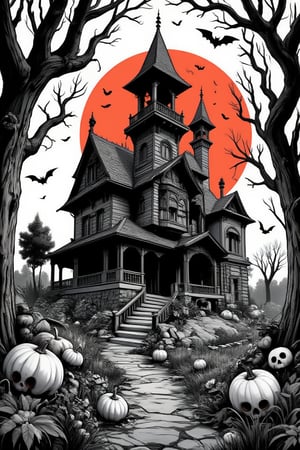 Masterpiece, professional, award-winning, intricate details, ultra high detailed, 64k, dramatic light, volumetric light, black and white, colouring book illustration style of spooky haunted house poster, pumpkins, bats, withered giant branches, red moon, ray tracing, stacked chests, haunted house in black and White. Showcasing incredible texture and detail. Rendered in high-quality, super-detailed textures. Meticulously illustrated. Adds ominous atmosphere in the image, 8k, ek_art_b00ster,anime,illustrated,FluxBoost,myvectorillustrations