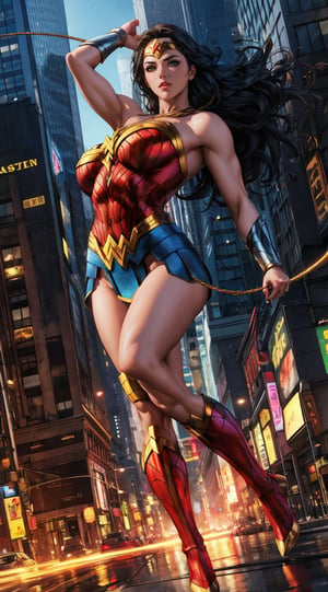 Generate a rough oil painting of Wonder Woman gracefully ((swinging through the gaps between skyscrapers)) (at night), ((flying)), using her ((Lasso of Truth)) like Spider-Man. The golden glow emanating from the Lasso of Truth illuminates the scene like fluorescent lights. Capture her in a dynamic and stylish pose, reminiscent of Frank Miller's Sin City style. (field of depths,boheh backdrop),wonder_woman,artgerm,semi-realistic,Anime,highres,masterpiece