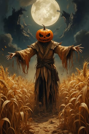 Masterpiece, professional, award-winning, intricate details, ultra high detailed, 64k, dramatic light, volumetric light, Create full body image of an anime features of a scarecrow wizard who has a pumpkin head and is a character from a medieval RPG. Standing in a decayed wheat field. Showcasing incredible texture and detail. Rendered in high-quality, super-detailed textures. Meticulously illustrated. Adds ominous atmosphere in the image, 8k, ek_art_b00ster,anime,illustrated,FluxBoost,myvectorillustrations