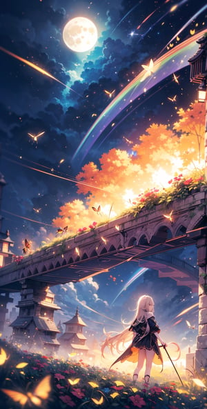 Vast landscape photo, (viewed from below, the sky is above and the open field is below), a girl in orange onepiece standing on a flower field looking up, (full moon:1.2), (meteor:0.9), (nebula:1.3), distant mountains , Trees 
BREAK 
Crafting Art, (Warm Light:1.2), (Fireflies:1.2), Lights, Lots of Purple and Orange, Intricate Details, Volumetric Lighting, Realism 
BREAK 
(Masterpiece:1.2), (Best Quality), 4k, Ultra-Detailed, (Dynamic Composition:1.4), Very Detailed, Colorful Details, (Rainbow Colors:1.2), (Glow Lighting, Atmospheric Lighting), Dreamy, Magical, (Solo:1.2), ,masterpiece