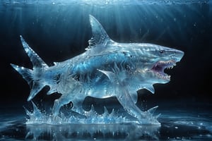 photo of a Great White Shark, a Shark (made_of_ice:1.3), in a water, modelshoot style, photo of the most beautiful artwork in the world, High Detail, Sharp focus,in the middle, full body, (closeup), best quality, glass art, magical holographic glow,xray