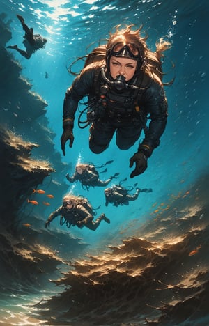 score_9, score_8_up, score_7_up, (Fidelity:1.2), (best quality, 4k, 8k, highres, masterpiece:1.2), ultra-detailed, (realistic), diving, 3divers, deep underwater, us navy, secret mission, group of military divers, military scuba diving suits, concept art, Best quality, Ultra High Resolution,l4rg33y3s