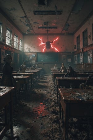 Masterpiece, professional, award-winning, intricate details, ultra high detailed, 64k, dramatic light, volumetric light, create an image of  desolate post-apocalyptic school, abandoned classrooms, shattered windows, forgotten lessons, tombstones standing in the classroom, silent halls:1, torn textbooks, weathered chalkboards, deserted playground, distant school bell. The scene is lit by an ominous red glow emanating from tombstones, casting eerie shadows over the overgrown tombstones and broken graves. Flashes of lightning illuminating the scene briefly. Everything is rendered in ultra-realistic detail, from the textures of the decayed classroom to the gritty dirt and aged tombstones, making it appear lifelike and unsettling. Showcasing incredible texture and detail. Rendered in high-quality, super-detailed textures. Meticulously illustrated. Adds eerie atmosphere in the image, 8k,