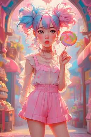 Masterpiece, professional, award-winning, intricate details, ultra high detailed, 64k, dramatic light, volumetric light, create a young woman with playful pink and blue hair styled in twin buns stands in a vibrant, candy-themed market. She wears a sheer, ruffled top and a matching pink skirt, holding a colorful lollipop. The background is filled with candy displays and ornamental decorations, bathed in warm, soft light, creating a cheerful and whimsical atmosphere,ek_art_b00ster,anime,illustrated,Color,Anime style,Manga style 