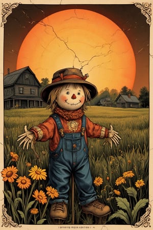 Masterpiece, professional, award-winning, intricate details, ultra high detailed, 64k, dramatic light, volumetric light, autumn, best quality, ink painting, acrylic, detailed cute little scarecrow on a rye field, cornflowers, sunrise, farm house, by Greg Craola Simkins, Dan Mumford, Andy Kehoe, 2d, flat, cute, adorable, vintage, art on a cracked paper, fairytale, storybook detailed illustration, cinematic, ultra highly detailed, tiny details, beautiful details, mystical, luminism, vibrant colors, complex background. Showcasing incredible texture and detail. Rendered in high-quality, super-detailed textures. Meticulously illustrated. 8k, ek_art_b00ster,anime,illustrated,FluxBoost,myvectorillustrations