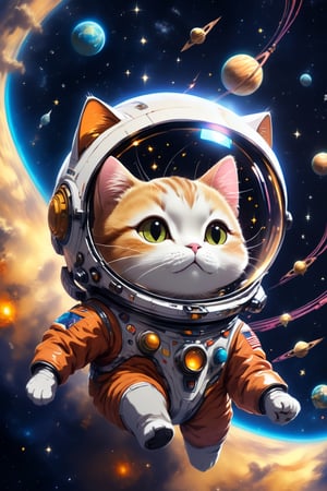 Cartoon cat flying over the stars in a spacesuit, Space cat, Cat in space, astronaut cat, kittens in outer space, anime cat, Cute detailed digital art, adorable digital art, anime visual of a cute cat, lovely digital painting, cat summoning a spaceship, Kawaii cat, cat summoning a spaceship, cat from the void, Amazing wallpapers, In space（wearing spacesuit,Transparent helmet,robotic hand） Edge lights, [smog], [hazed out], natural  lightting, shallow depth of field, Shot on a Canon EOS-1D X Mark III, 50mm lens, f / 2.8, (intricately details, ultra - detailed),((RAW color)), Clear focus, hdr, 4K resolution, cinematic movie,ghibli