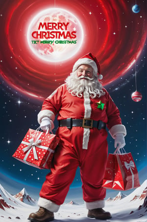 ("Merry Christmas" text logo: 1.3), Origami, dripping paint, ((Santa wearing red space-suits holding bags of presents)) venturing into outer space to deliver presents to Aliens, full body portrait, wide scale lens, Text, aw0k magnstyle, ((Masterpiece))), Best Quality, light red painting, starry skies, (White background: 1.1), detailmaster2,Movie Still