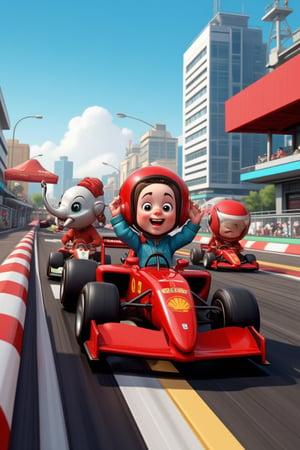 In a thrilling New AI Race, three cartoon 3D characters - Minor the clown, Whale2, Elephant, and The Robot/Alien/Cetus - don helmets instead of heads, their eyes gleaming with excitement. As they ride on the track, the Ferrari F1 car blurs in the background. Suddenly, one helmet comes off, revealing a screwdriver-wielding hand. In this official contemporary animation, pixelation adds a retro arcade vibe to the kawaii kids' cartoon. The characters are surrounded by racing cards and speedway sounds, immersing viewers in a thrilling videogame-like experience.