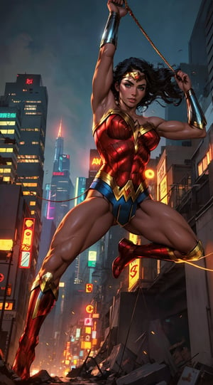 Generate a rough oil painting of Wonder Woman gracefully ((swinging through the gaps between skyscrapers)) (at night), ((flying)), using her ((Lasso of Truth)) as if she were Spider-Man. The golden glow emanating from the Lasso of Truth illuminates the scene like fluorescent lights. Capture her in a dynamic and stylish pose, reminiscent of Frank Miller's Sin City style. (field of depths,boheh backdrop),wonder_woman,artgerm,semi-realistic,Anime,highres,masterpiece