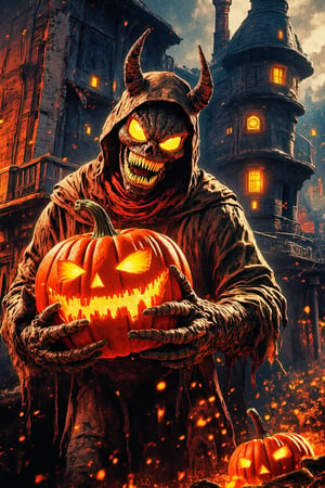 Masterpiece, professional, award-winning, intricate details, ultra high detailed, 64k, dramatic light, volumetric light, create an image of a menacing Jack-o'-Lantern in a Halloween costume, lurking outside a haunting house, clutching a pumpkin in its gnarled claws. The Jack-o'-Lantern's custom is a nightmarish creation, with tattered fabric, sharp fangs, and glowing eyes that pierce through the darkness. The haunting house looms behind, its weathered facade and broken windows adding to the eerie atmosphere. The pumpkin held by the monster is intricately carved with a wicked grin, its candlelight casting eerie shadows on the surroundings. photorealistic, realistic shadows. Showcasing incredible texture and detail. Rendered in high-quality, super-detailed textures. Meticulously illustrated. Adds creepy atmosphere in the image.