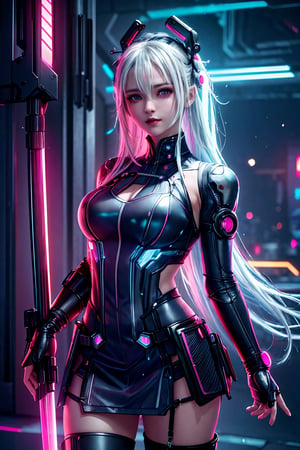 (1girl in)、(Plump beauty)、(White hair)、(30-years old)、(Top image quality)、(8K picture quality)、(cyberpunked)、(masutepiece)、 (Flickering of light)、(Wear a cyberpunk military uniform)(Carrying a sword on your back)、cinematric light, Cinema Shadow, Sharp Image, Extremely detailed, Volumetric, Bright sprites, particles effect, beautiful effects, Vivid colors, neons, Neon light, Highly detailed image textures, detailed hairs, Detailed eyes,  city、Dark hair、Eyes glow、Sparkling red aura、Photo from the knee up、Legion of Machines、