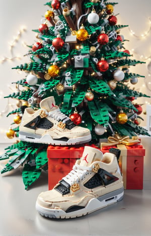 Make an pair of jordan 4 made by Lego under Lego Christmas tree and in the background to be the lego set of jordan 4, Christmas theme, highly detailed, super high resolution, 8K UHD,lego