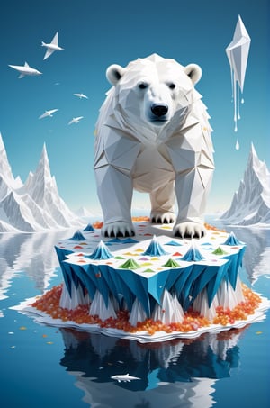 ("SAVE OUR PLANET" text logo: 1.3), Origami, dripping paint, White Polar Bear standing on a tiny island made of waste in a vast ocean, full body portrait, wide scale lens,aw0k magnstyle,detailmaster2,Movie Still,TEXT LOGO