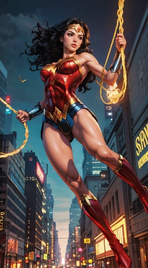 Generate a rough oil painting of Wonder Woman gracefully ((swinging through the gaps between skyscrapers)) (at night), ((flying)), using her ((Lasso of Truth)) as if she were Spider-Man. The golden glow emanating from the Lasso of Truth illuminates the scene like fluorescent lights. Capture her in a dynamic and stylish pose, reminiscent of Frank Miller's Sin City style. (field of depths,boheh backdrop),wonder_woman,artgerm,semi-realistic,Anime,highres,masterpiece