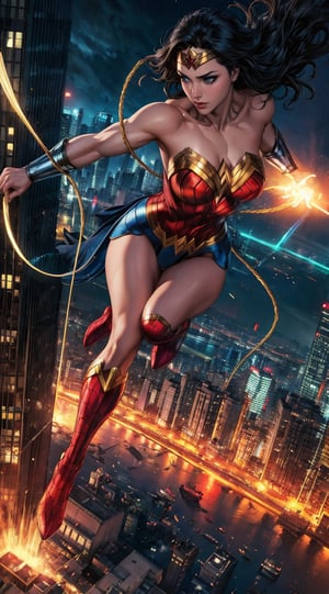 Generate a rough oil painting of Wonder Woman gracefully ((swinging through the gaps between skyscrapers)) (at night), ((flying)), using her ((Lasso of Truth)) as if she were Spider-Man. The golden glow emanating from the Lasso of Truth illuminates the scene like fluorescent lights. Capture her in a dynamic and stylish pose, reminiscent of Frank Miller's Sin City style. (field of depths,boheh backdrop),wonder_woman,artgerm,semi-realistic,Anime,highres,masterpiece