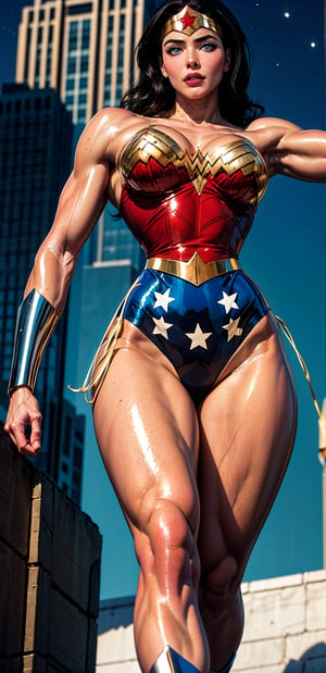 Wonder Woman, (Masterpiece), Best Quality, (Extremely detailed), (1Girl:1.4), ((beautiful blue eyes)), (black middle length wavy hair), Wonder Woman, (intricate details, makeup), (delicate and beautiful delicate face, delicate and beautiful delicate eyes, face with perfect proportions), (shiny skin: 1.2), delicate skin, strong and realistic blue eyes, realistic black hair, lips, makeup, natural skin texture, tiara, red and gold bustier, blue leotard with white stars, (silver Bracelets:1.2), red knee-high boots, golden belt, (Wonder Woman clothing:1.1), bare shoulders, ((light tanned skin:0.8)), mature, sexy, elastic muscles, (muscles: 1.2), ((strong and healthy body)), ((more) muscles))), cleavage, long legs, curves, (big breasts: 1.3), ribs, thin waist, soft waist, (delicate skin), (beautiful and sexy woman), (swollen lips: 0.9), (eyelashes: 1.2), very delicate muscles, perfect body, perfect anatomy, perfect details, perfect fingers, Perfect limbs, thigh gap, watercolor, professional, Bokeh, Decreased saturation, overlooking a (New York city skyline:1.2), overlooking a modern city, sky - high view, Sky view (on balcony), (City skylines view), ((night time:1.2)), ((from below:1.5)), ((flying:1.3)), (masterpiece, best quality), ,semi-realistic,dwarfoil,wonder2,2.5D