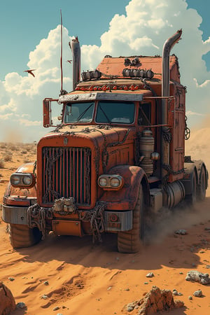 Masterpiece, professional, award-winning, intricate details, ultra high detailed, Create a shirt design with a Rusty Peterbilt truck full of chains and metal spikes in the style of Mad Max, vehicle focus, driving in desert,ek_art_b00ster,anime,illustrated,FluxBoost,myvectorillustrations