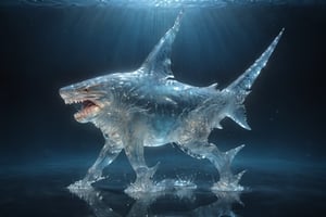 photo of a Great White Shark, a Shark (made_of_ice:1.3), in a water, modelshoot style, photo of the most beautiful artwork in the world, High Detail, Sharp focus,in the middle, full body, (closeup), best quality, glass art, magical holographic glow,xray