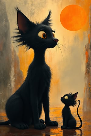 Masterpiece, professional, award-winning, intricate details, ultra high detailed, 64k, dramatic light, volumetric light, dynamic lighting, Surreal, abstract painting featuring two black cats with exaggerated, whimsical features. The larger cat stands upright on two legs, with a tall, slender body and a large, round head with wide, expressive eyes. The smaller cat sits on all fours, looking up at the larger cat. Both cats have spiky, unkempt fur and long, thin tails. The background is a mix of earthy tones, with splashes of orange, brown, and gray, creating a textured, dreamlike atmosphere. A bright orange sun or moon is visible in the upper right corner, casting a warm glow. The ground beneath the cats is reflective, suggesting a wet surface or puddle. The overall style is loose and painterly, with visible brushstrokes and drips adding to the abstract feel. vivid, vibrant, unreal engine, concept art,disney style