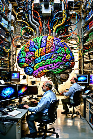 (masterpiece, best quality:1.4), In the center of the room, a colossal human brain is intricately connected to advanced computers housed in the surrounding racks by millions of wires. This extraordinary Brain possesses two eyes that fixate upon us with astonishing precision, captured in a painting with unparalleled detail and resolution at K, there are two scientists who are examining the Brain,more detail XL
