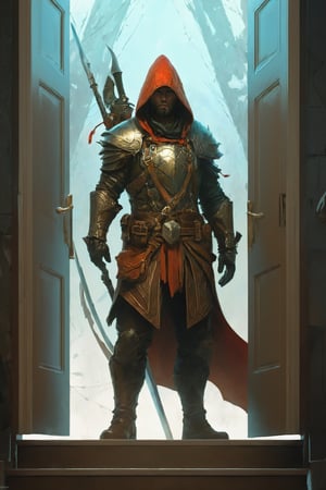 (absurderes, A high resolution, ultra - detailed),1 male、there is a man in a hooded outfit standing in front of a door, artgerm craig mullins, peter mohrbacher style, graphic artist peter mohrbacher, peter mohrbacher. unreal engine, craig mullins style, peter mohrbacher artstyle, mohrbacher, in the art style of mohrbacher, wojtek fus