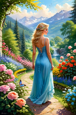 masterpiece, best quality, [detailed], [intricate], digital painting, Amidst the blooming colors and enchanting scents, an 21-year-old girl wandered through the beautiful botanical garden. Her radiant beauty matched the splendor of the flowers that surrounded her.
With her twinkling blue eyes and golden hair cascading like sunlit waterfalls, girl appeared as if she were a part of the garden's enchanting tapestry. Her laughter echoed through the pathways, as she embraced the magic of nature that enveloped her.
The botanical garden was her sanctuary—a place of solace and wonder. As she strolled through the meandering trails, she marveled at the diversity of flora, each bloom telling its own unique story.
Her love for plants was ingrained in her soul. From an early age, she found joy in nurturing her own garden at home, tending to each plant as if it were a cherished friend. Now, surrounded by the breathtaking beauty of the botanical garden, her passion blossomed even further.
She was drawn to the intricacies of every petal, every leaf, and every stem. The vibrant hues of the flowers ignited a symphony of emotions within her. With each step, she absorbed the serenity and harmony of the garden, leaving behind the worries of the outside world.
But her enchantment with the botanical garden extended beyond admiration. Armed with a small notebook and a pencil, she became an artist of nature. Sitting beside a bed of roses, she carefully sketched their delicate forms, capturing the essence of their elegance on paper.
The garden became her muse, and she spent countless hours immersed in its beauty. She painted vibrant watercolors, capturing the garden's ever-changing colors in her art. Her creations breathed life into the flowers, allowing others to experience the enchantment she found in the garden.
As she explored the winding paths, she discovered more than just flora. Birds sang melodious tunes from the treetops, and butterflies fluttered gracefully, adding to the garden's allure.