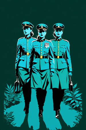 character silhouette, 3 women at a botanical garden, body in shadow, in military uniform, dark night, turquoise green background, Flat vector art,pencil sketch,xxmixgirl