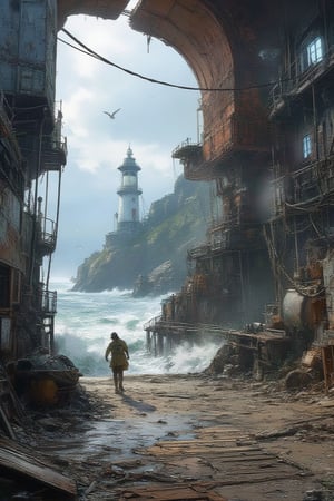 Masterpiece, professional, award-winning, intricate details, ultra high detailed, 64k, dramatic light, volumetric light, A post-apocalyptic coastal scene, with a decaying boardwalk, shattered lighthouse, and waves crashing against remnants of civilization, moody, coastal decay, maritime disaster, haunting beauty, coastal ruins, abandoned boats, desolate shoreline:1, weathered pier, worn-out fishing nets, seagulls, abandoned amusement park, rugged coastline, 8K,anime,illustrated,Fantasy detailers 