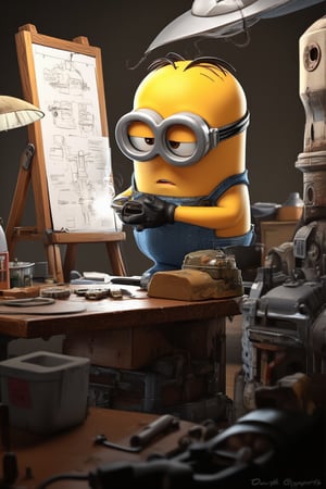 Masterpiece, professional, award-winning, intricate details, ultra high detailed, 64k, dramatic light, volumetric light, 3d, detailed, A photorealistic image of a Minion from Despicable Me, dressed as a mechanic is working hard at a lab table full of scientific tools and accessories. The whiteboard behind has weapon design sketches. Minion is highly focused, hands move quickly, weld and assemble components to build a large weapon, complicated.