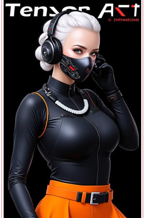 (magazine cover:1.3), (realistic: 1.3), (original: 1.2), masterpiece, best quality, beautiful clean face, fullbody, 1woman, (wearing black and white and cobalt scifi techmask and headphones with complex electronics), wearing black techwear jacket and orange trousers with buckle and tape, (crystal necklace), posing for a picture, (white braided bun hair), Title text “Tensor Art” in white letters with red border on black background.