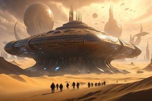 (Best quality), (masterpiece), (ultra detailed), (high detailed), (extremely detailed), Dune concept art, Clean and neat tones, Sci-fi base scene, Huge scene, Square-shaped complex, Soviet aesthetic architecture, huge buildings, There are many ships in the air, Size contrast, crowd of soldiers versus soldiers, Big scenes of war, smog, epic concept art, Fine 8K, vray, Wasteland Science Fiction,LegendDarkFantasy
