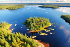 (Best quality at best, 4K, 8K, A high resolution, masterpiece:1.2), absurdres,high resolution,sharp focus,depth of field,ray tracing,spectacular,more_details, sunshine, windy, bright colors, rich palette, Finland lakes, multiple small islands with picturesque houses, lush nature, pine forest, view from above,detailed_background,