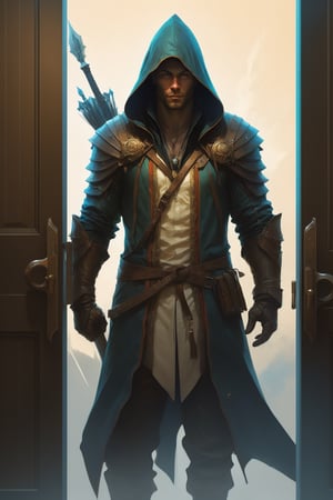 (absurderes, A high resolution, ultra - detailed),1 male、there is a man in a hooded outfit standing in front of a door, artgerm craig mullins, peter mohrbacher style, graphic artist peter mohrbacher, peter mohrbacher. unreal engine, craig mullins style, peter mohrbacher artstyle, mohrbacher, in the art style of mohrbacher, wojtek fus