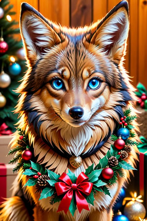 a (((tan and black and brown))), blue eyes coyote with Christmas wreath in the background, Apoloniasxmasbox,xxmix_girl